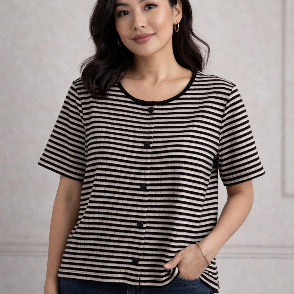 Talbots black & white striped button-up top Size L